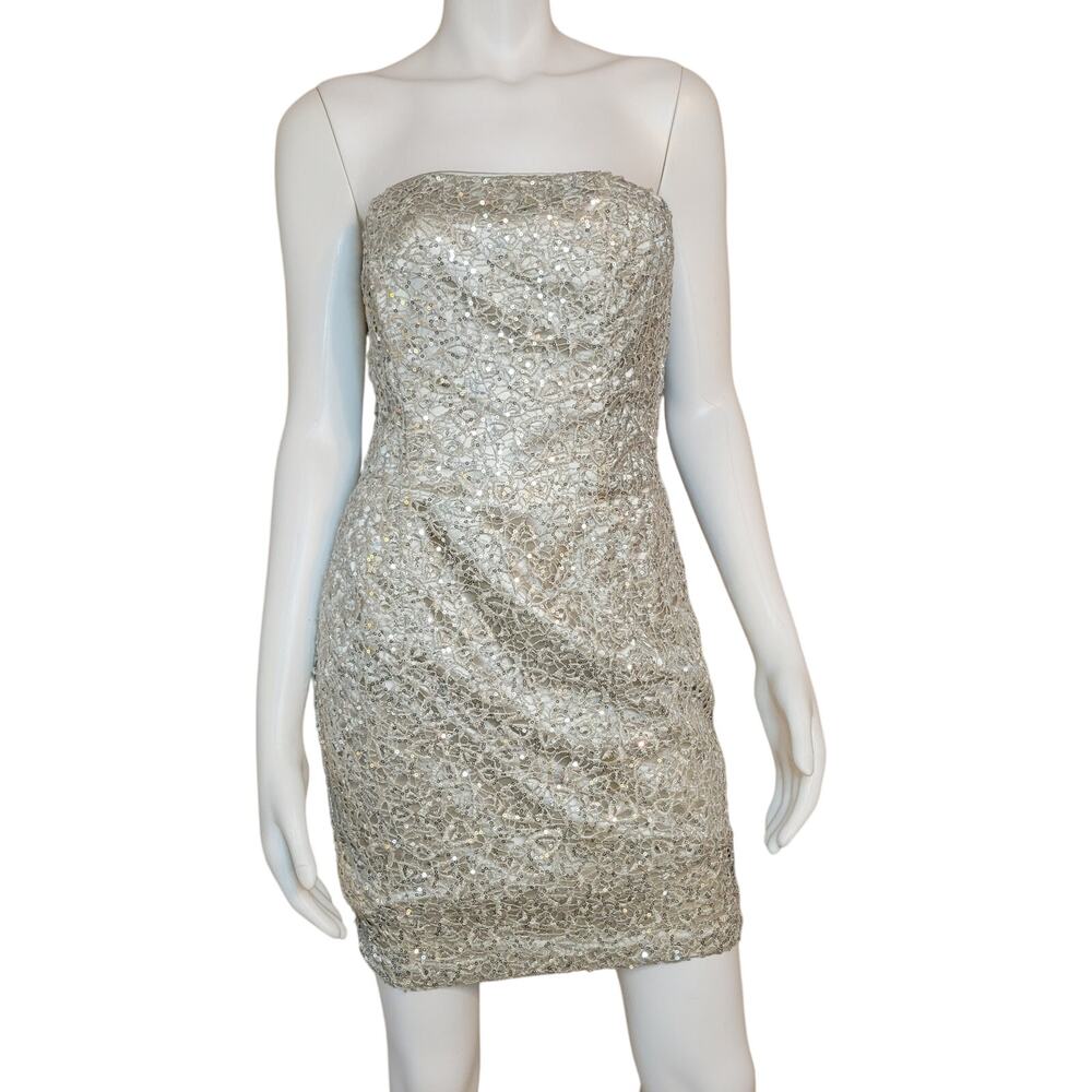 90's Champagne Sequined Lace Cocktail Strapless Dress Jessica McClintock Size 8